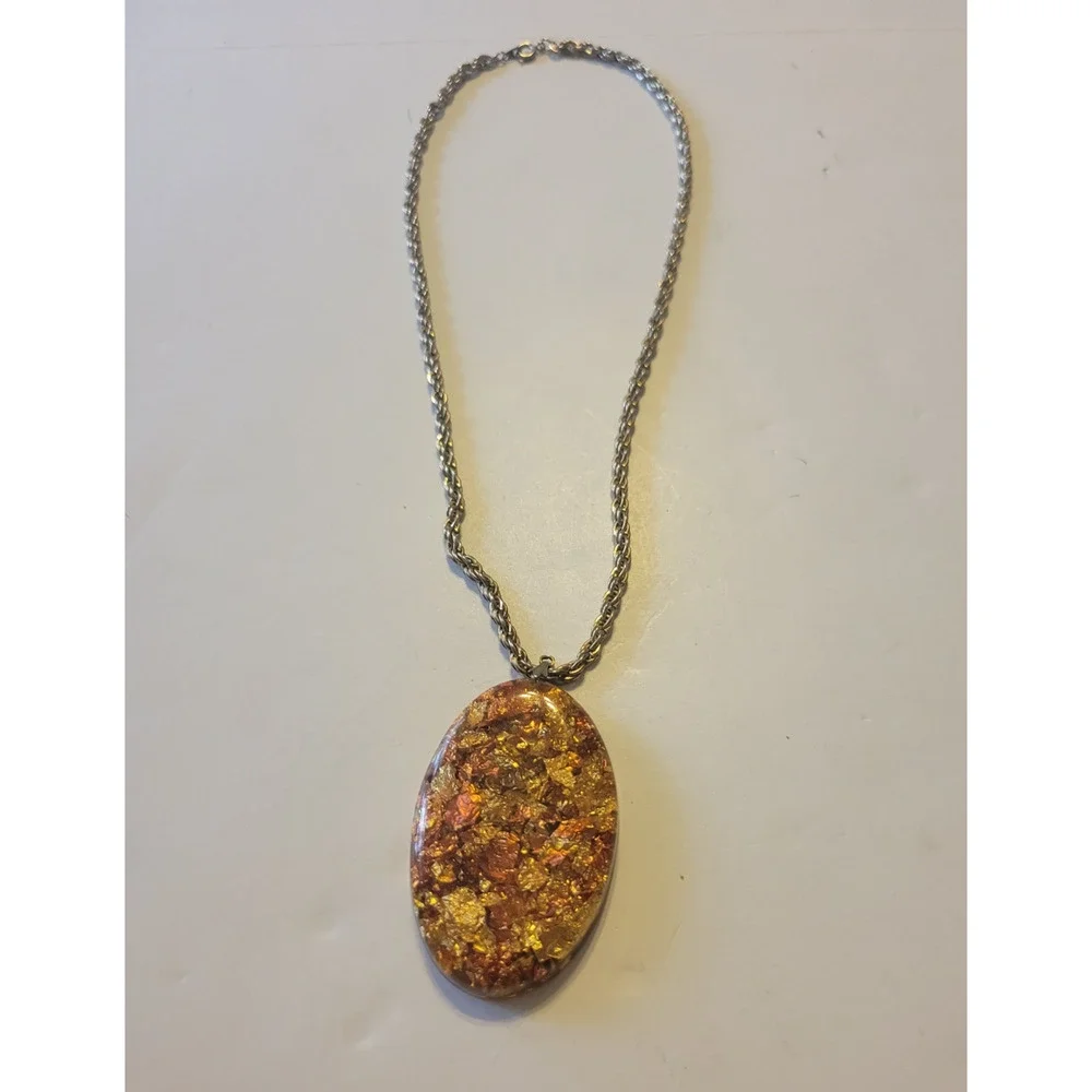 Vintage Estate‎ Necklace Orange Gold flake Cabochon Oval Resin Pendant Jewelry
